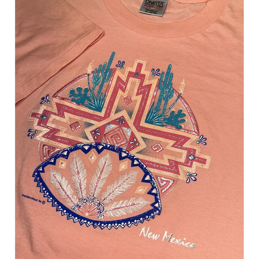 Oneita New Mexico 1994 Coral Cotton‎ Blend Southwestern Shirt Vintage Women's XL